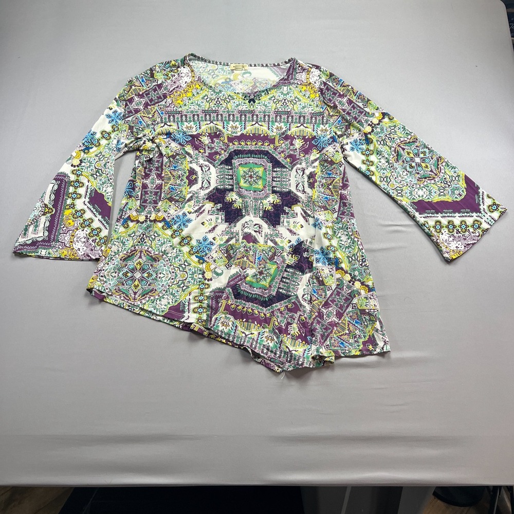 One World Live And Let Live Tunic Top Womens 2X Multicolor Geometric Bell Sleeve